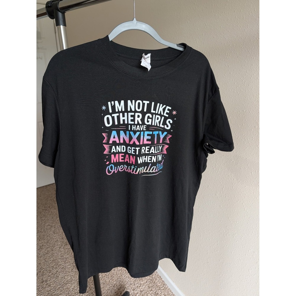Tultex Womens XL Black Anxiety Overstimulated Sarcastic Graphic T-Shirt